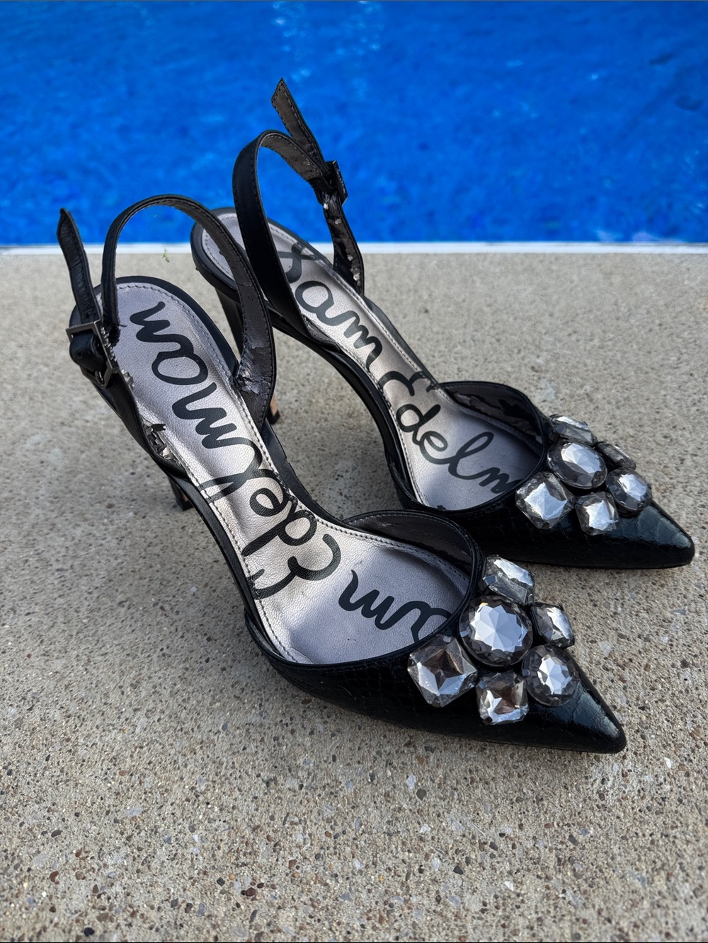 Sam Edelman Black Patent Slingback Heels with Large Crystal Accents